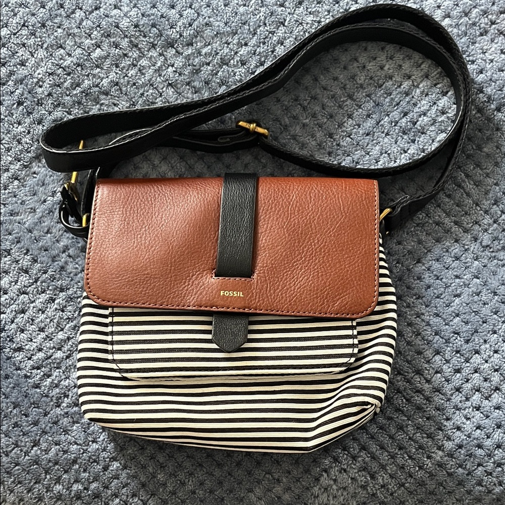 Fossil Tan and Black Striped Crossbody Bag